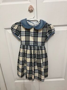 Girls Cream and Blue Plaid Peter Pan Collar Dress